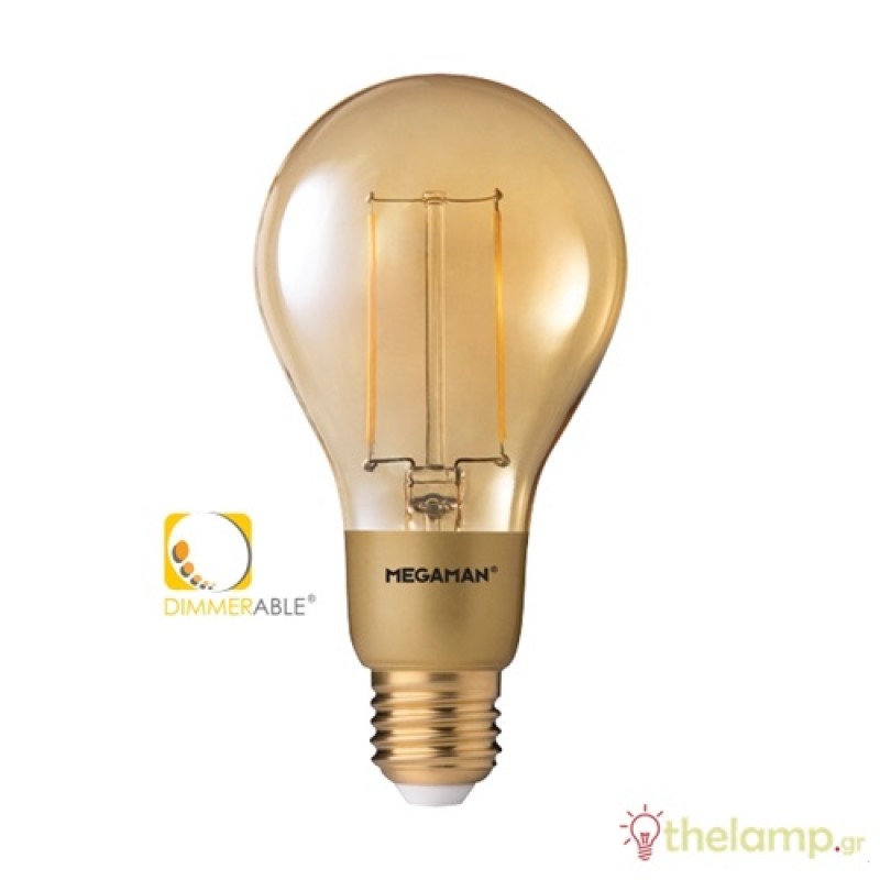 Led κοινή filament A70 240V 3W E27 διάφανη κεχριμπάρι warm white 2200K dimmable LG6303dGD Megaman