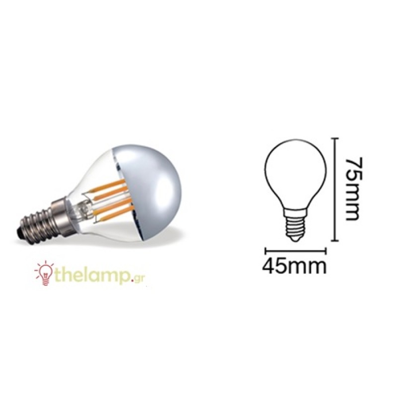Led γλομπάκι P45 240V 6W Е14 αντεστραμένου καθρέπτου ασημί warm white 2800K dimmable Fos_me