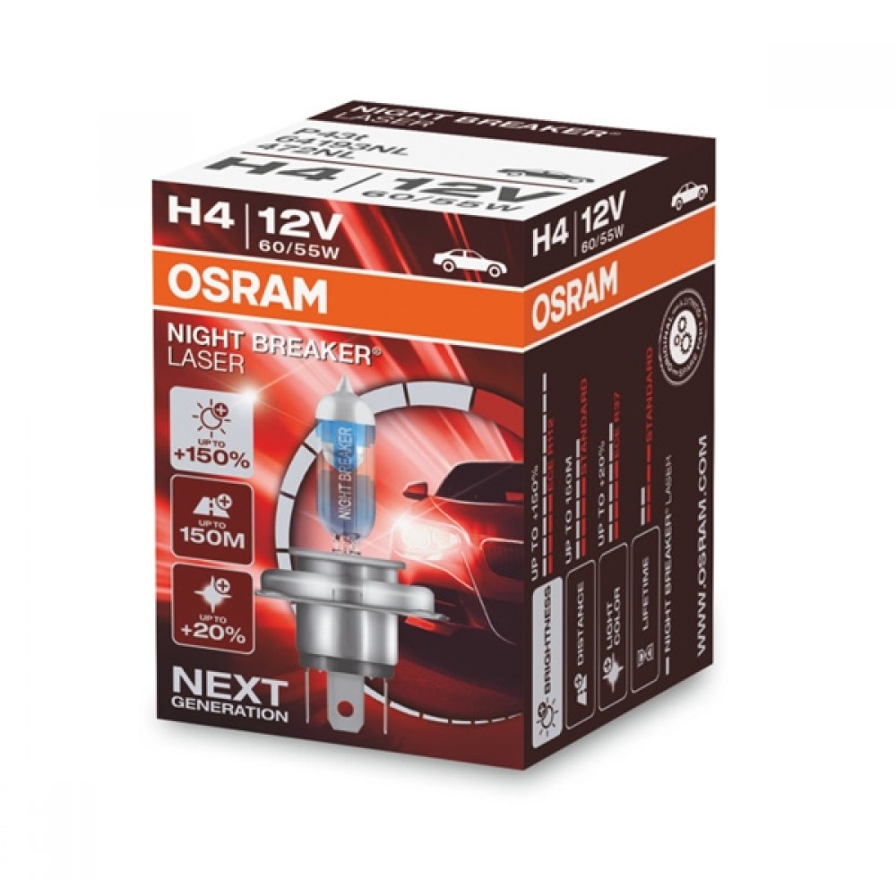 Osram 12V 60/55W P43t H4 ±12/±15% cool white 3900K Night Breaker Laser 64193NL