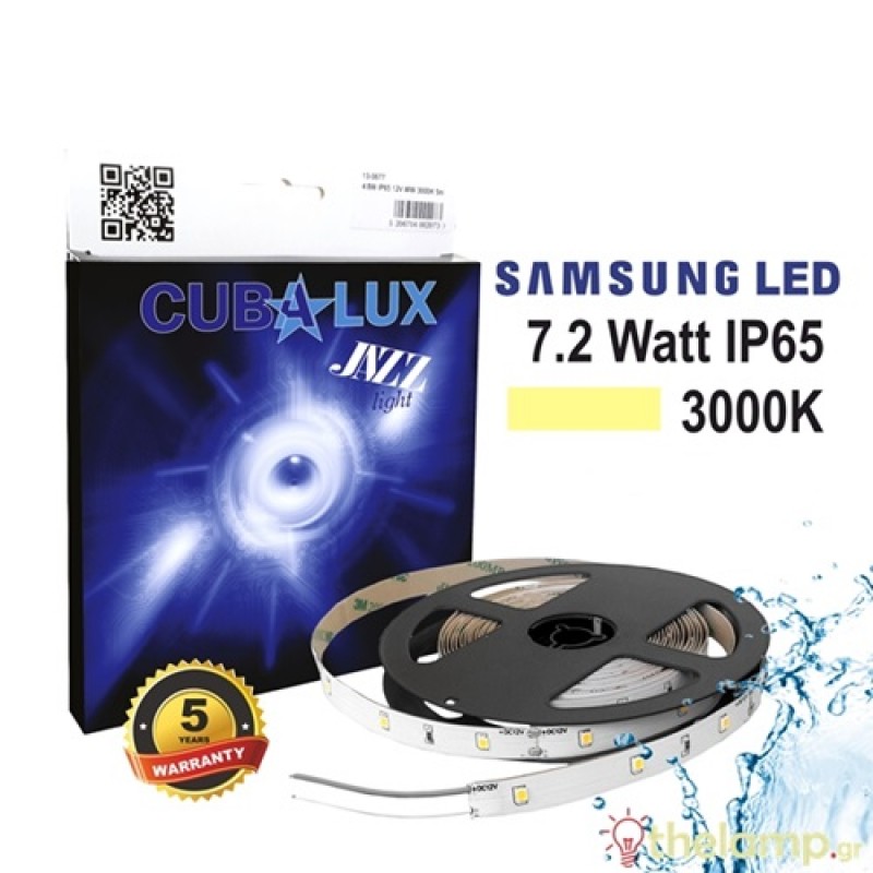 Led ταινία 12V 7.2W 36led warm white 3000K με αυτοκόλλητο Samsung Led Jazz IP65 Cuba Lux
