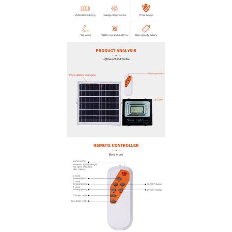 Προβολέας led ηλιακός 100W 120° warm white 3000K μαύρος με φωτοβολταϊκό πάνελ 20w HSL-1909-100W Invictus