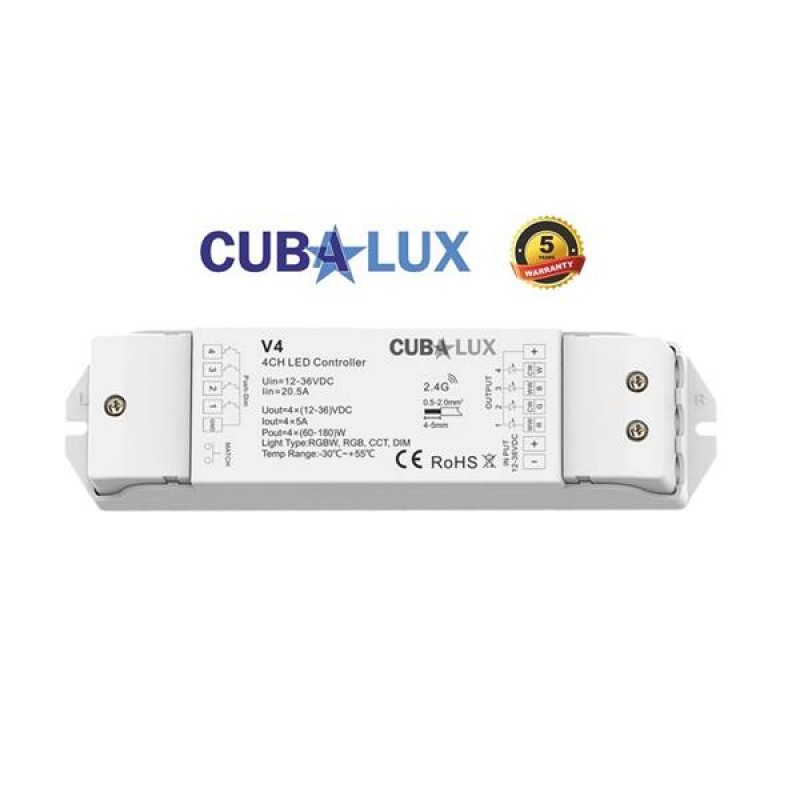 Controller Led ταινία πολλαπλών λειτουργιών RGBW/RGB/CCT/DIM 4x5A 12/36Vdc CubaLux